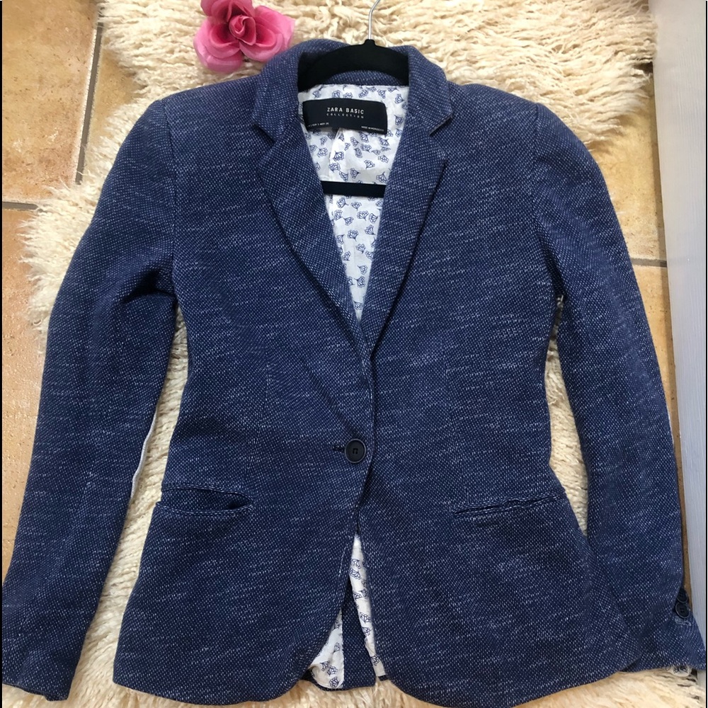 Zara Basic Cotton Blend Knit Elbow Patch Blazer - image 1